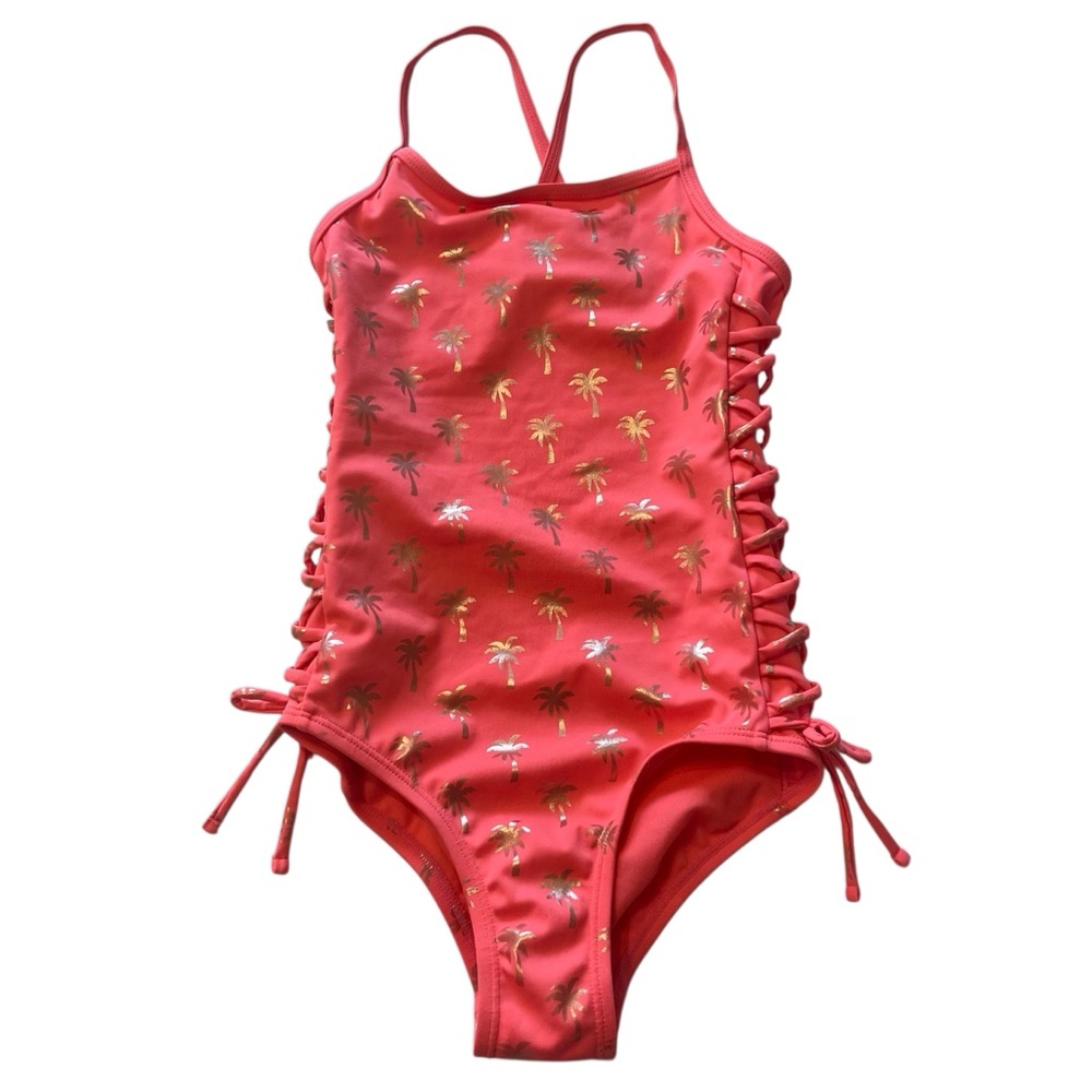 Justice One Piece Swimsuit with Laced Tied Sides Coral Gold palm Trees size 6